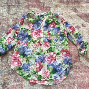 April Women's Multicolor Floral Button Accent Long Sleeve Round Neck Blouse S